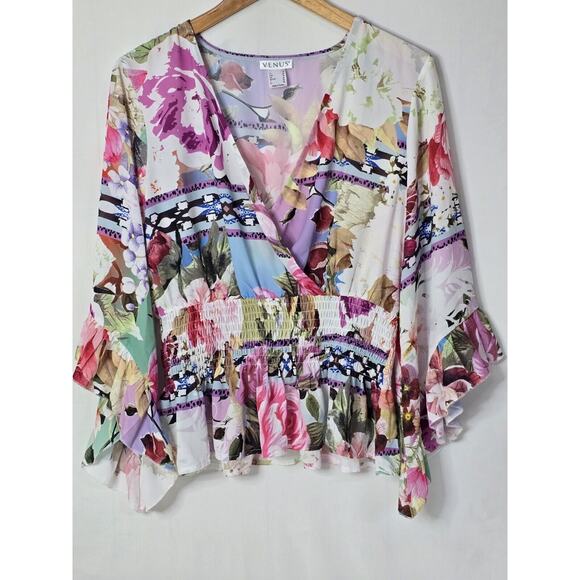 VENUS Tops - White Pink Floral Print Venus Elastic Hem V-Neck Flutter Sleeve US Size 12